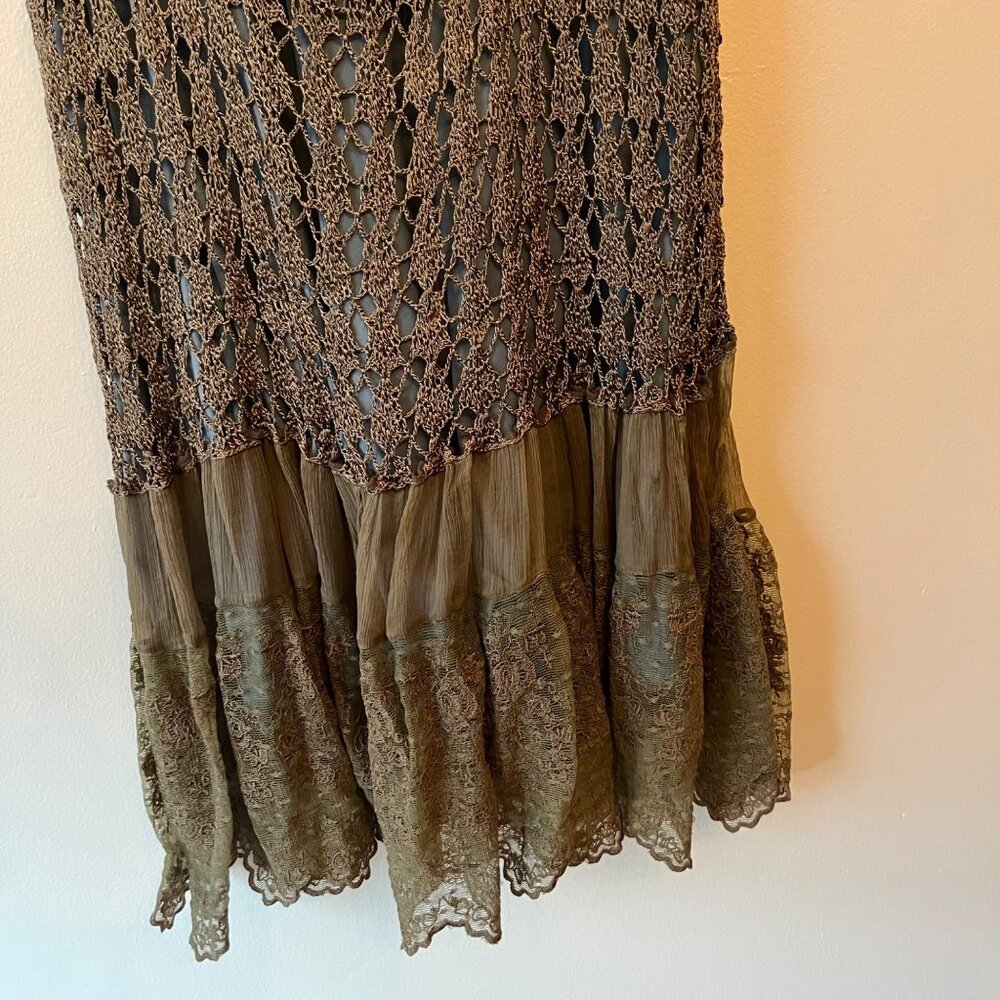 Hale Bob Emerald Green Lace Crochet 90s Vintage Velour Dress Embroidered Sz Med - Picture 3 of 9